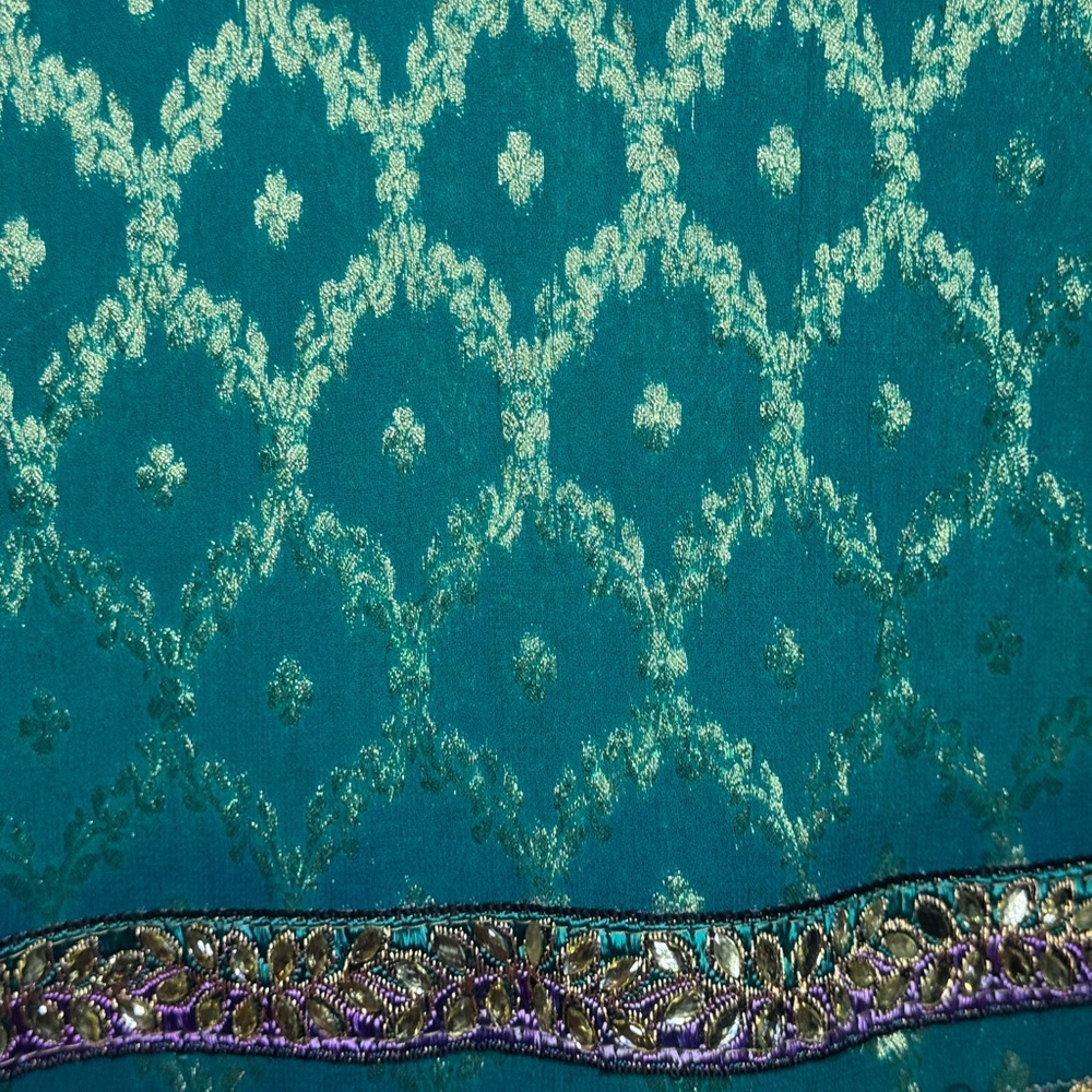Indian Dupatta Teal Gold Pink Embroidered Zari Sheer Scarf Shawl Wrap - Picture 9 of 9